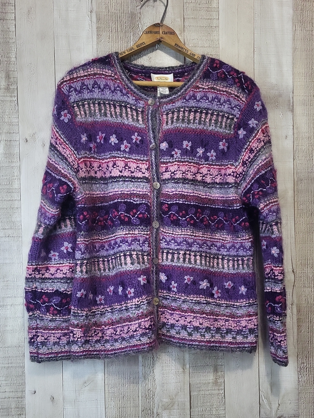 Talbots Purple Floral Hand Knit Cardigan Sweater. Size Medium. Mohair, Silk